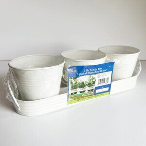 Flowerpots Set of 3 White Round Metal Pots in Tray Herb Garden Planter Set